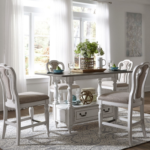 Magnolia Manor - 5 Piece Gathering Table Set - Upholstered Chairs - White (244-DR-5GTS)