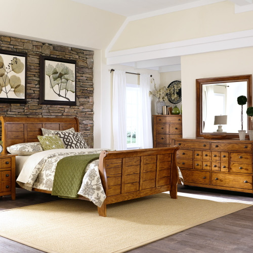 Grandpas Cabin - 4 Piece Bedroom Set (California King Sleigh Bed, Dresser & Mirror, Nightstand) - Light Brown (175-BR-KCSDMN)