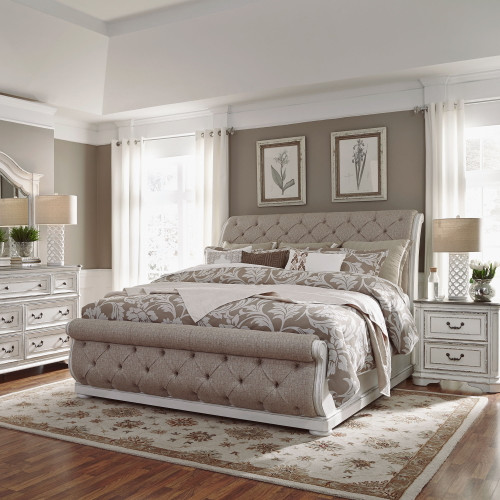 Magnolia Manor - 4 Piece Bedroom Set (King Upholstered Sleigh Bed, Dresser & Mirror, Nightstand) - White (244-BR-KUSLDMN)