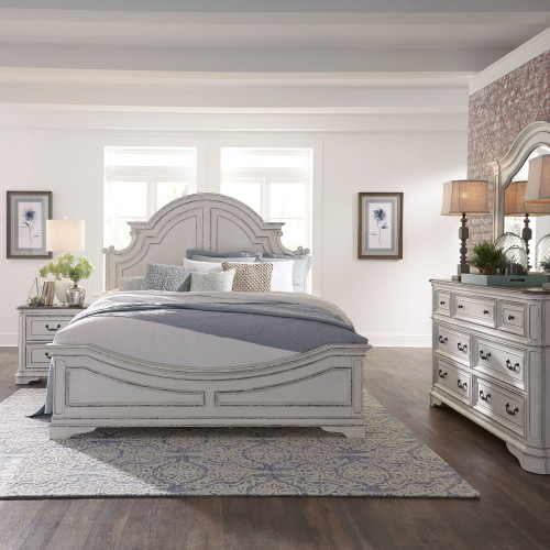 Magnolia Manor - 4 Piece Bedroom Set (Queen Panel Bed, Dresser & Mirror, Nightstand) - White (244-BR-QPBDMN)