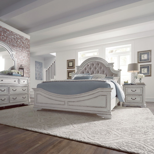 Magnolia Manor - 4 Piece Bedroom Set (King California Upholstered Bed, Dresser & Mirror, Night Stand) - White (244-BR-CKUBDMN)