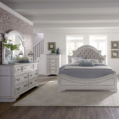 Magnolia Manor - 4 Piece Bedroom Set (King California Upholstered Bed, Dresser & Mirror, Chest) - White (244-BR-CKUBDMC)