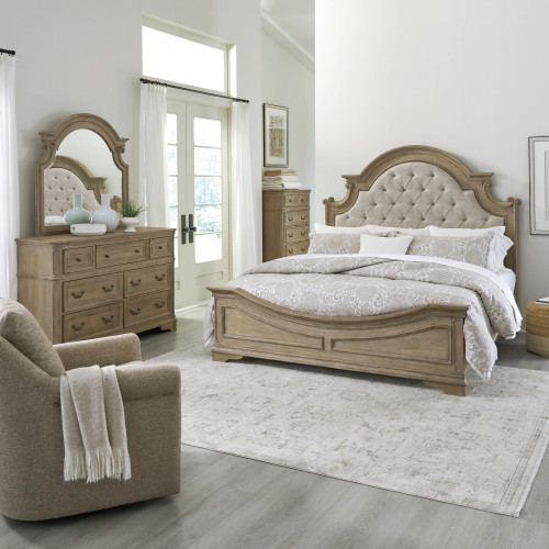Magnolia Manor - 4 Piece Bedroom Set (Queen Upholstered Bed, Dresser & Mirror, Chest) - Light Brown (244N-BR-QUBDMC)