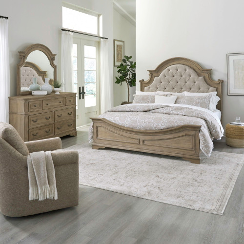 Magnolia Manor - 3 Piece Bedroom Set (Queen Upholstered Bed, Dresser & Mirror) - Light Brown (244N-BR-QUBDM)