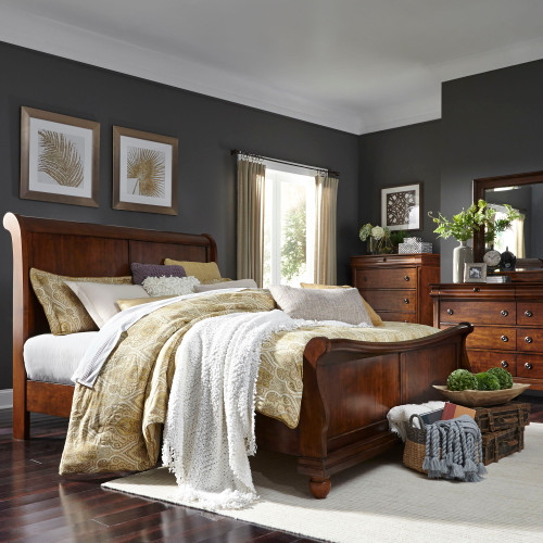 Rustic Traditions - 4 Piece Bedroom Set (King Sleigh Bed, Dresser & Mirror, Chest) - Dark Brown (589-BR-KSLDMC)