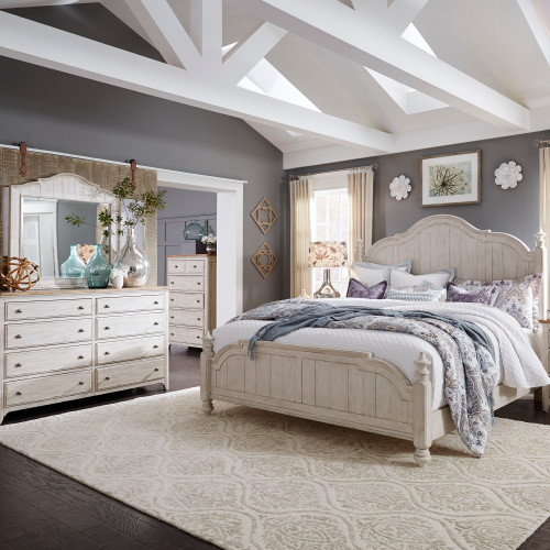 Farmhouse Reimagined - 4 Piece Bedroom Set (King Poster Bed, Dresser & Mirror, Chest) - White (652-BR-KPSDMC)