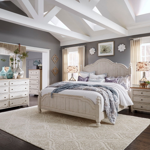 Farmhouse Reimagined - 5 Piece Bedroom Set (Queen Poster Bed, Dresser & Mirror, Chest, Nightstand) - White (652-BR-QPSDMCN)