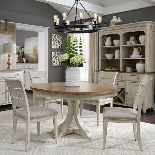 Farmhouse Reimagined - 5 Piece Pedestal Table Set (Ladder-Back Upholstered Chairs) - White (652-DR-O5PDS)