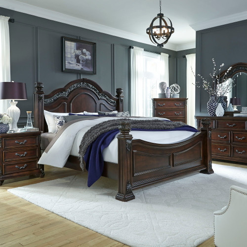 Messina Estates - 5 Piece Bedroom Set (King Poster Bed, Dresser & Mirror, Chest, Nightstand) - Dark Brown (737-BR-KPSDMCN)
