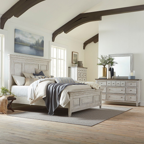 Heartland - 4 Piece Bedroom Set (Queen Panel Bed) - Raised Panels Headboard / Footboard, Dresser & Mirror, Chest - White (824-BR-QPBDMC)