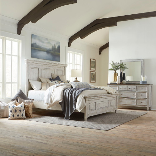 Heartland - 3 Piece Bedroom Set (Queen Panel Bed) - Raised Panels Headboard / Footboard, Dresser & Mirror - White (824-BR-QPBDM)