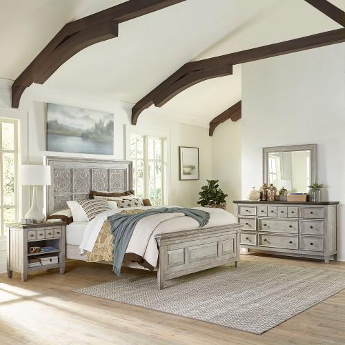 Heartland - 4 Piece Bedroom Set (King Panel Bed, Dresser & Mirror, Nightstand) - Aged White (824-BR-OKPBDMN)