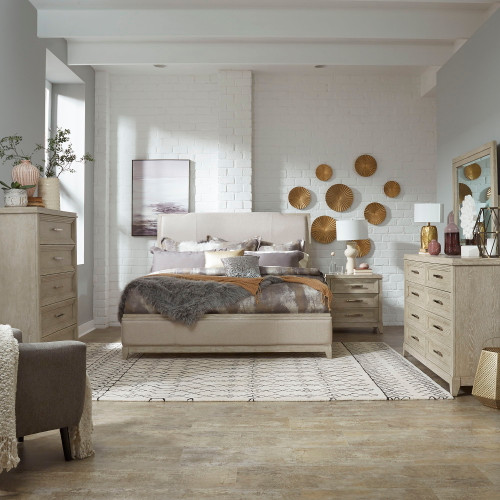 Belmar - 5 Piece Bedroom Set (King Upholstered Bed, Dresser & Mirror, Chest, Nightstand) - Washed Taupe (902-BR-KUBDMCN)