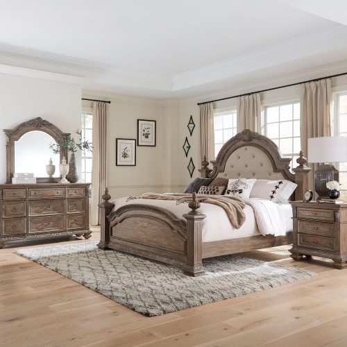 Carlisle Court - 4 Piece Bedroom Set (King Poster Bed, Dresser & Mirror, Nightstand) - Medium Brown (502-BR-KPSDMN)