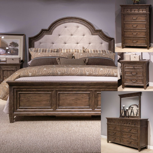 Paradise Valley - 5 Piece Bedroom Set (Queen Upholstered Bed, Dresser & Mirror, Chest, Nightstand) - Dark Brown (297-BR-QUBDMCN)
