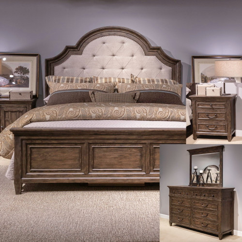 Paradise Valley - 4 Piece Bedroom Set (King Upholstered Bed, Dresser & Mirror, Nightstand) - Dark Brown (297-BR-KUBDMN)
