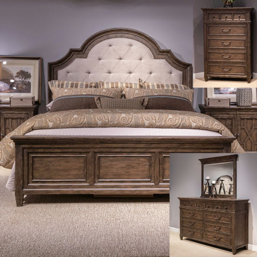 Paradise Valley - 4 Piece Bedroom Set (Queen Upholstered Bed, Dresser & Mirror, Chest) - Dark Brown (297-BR-QUBDMC)