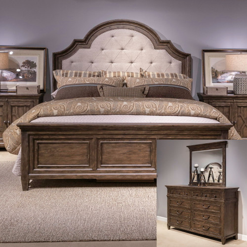 Paradise Valley - 3 Piece Bedroom Set (Queen Upholstered Bed, Dresser & Mirror) - Dark Brown (297-BR-QUBDM)