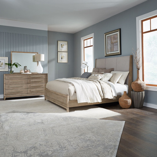 Brentwood - 3 Piece Bedroom Set (California King Upholstered Bed, Dresser & Mirror) - Sandstone