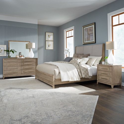 Brentwood - 4 Piece Bedroom Set (King Upholstered Bed, Dresser & Mirror, Nightstand) - Sandstone