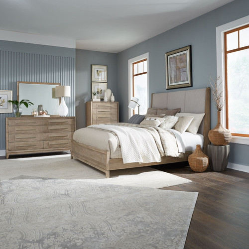 Brentwood - 4 Piece Bedroom Set (King Upholstered Bed, Dresser & Mirror, Chest) - Sandstone