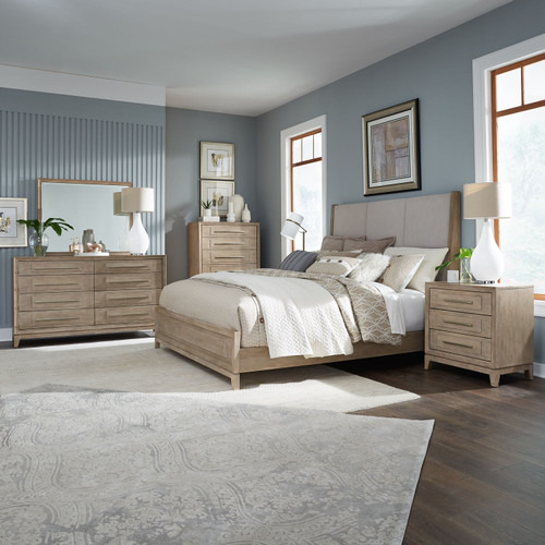 Brentwood - 5 Piece Bedroom Set (California King Upholstered Bed, Dresser & Mirror, Chest, Nightstand) - Sandstone