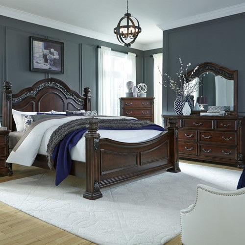 Messina Estates - 4 Piece Bedroom Set (California King Poster Bed, Dresser & Mirror, Chest) - Brown