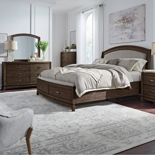 Avalon - 4 Piece Bedroom Set (Queen Upholstered Storage Bed, Dresser & Mirror, Chest) - Brown