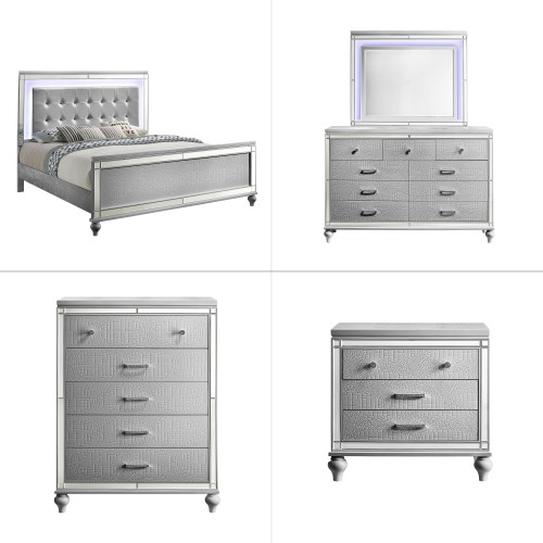 Valentino - Eastern King 5 Piece Bedroom Set (Bed, Dresser, Mirror, Nighstand,Chest) - Silver Valentino - Eastern King 5 Piece Bedroom Set (Bed, Dresser, Mirror, Nighstand,Chest) - Silver