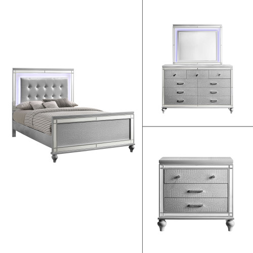 Valentino - Queen 4 Piece Bedroom Set (Bed, Dresser, Mirror, Nighstand) - Silver
