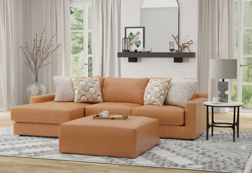 Minori - Italian Leather 2 Piece Sofa / Chaise With LSF Chaise And Cocktail Ottoman - Whiskey