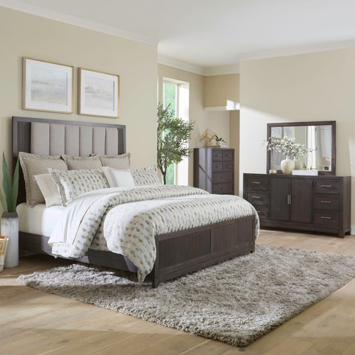 Modern Edge - 4 Piece Bedroom Set (King Upholstered Bed, Dresser & Mirror, Chest) - Brown