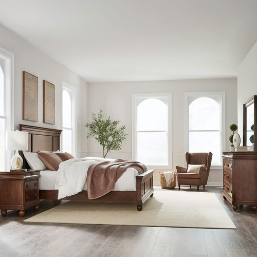 Rustic Traditions - 4 Piece Bedroom Set (California King Panel Bed, Dresser & Mirror, Night Stand) - Cherry