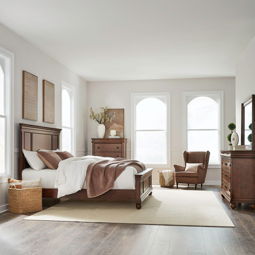 Rustic Traditions - 4 Piece Bedroom Set (King Panel Bed, Dresser & Mirror, Chest) - Cherry