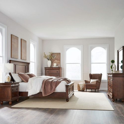 Rustic Traditions - 5 Piece Bedroom Set (Queen Panel Bed, Dresser & Mirror, Chest, Night Stand) - Cherry