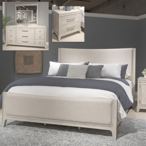 New Haven - 4 Piece Bedroom Set (Queen Upholstered Bed, Dresser & Mirror, Night Stand) - White