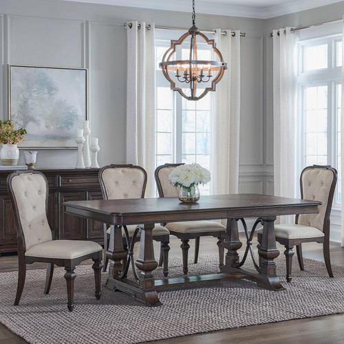 Provence Park - 5 Piece Trestle Table Set (Upholstered Side Chairs) - Brown