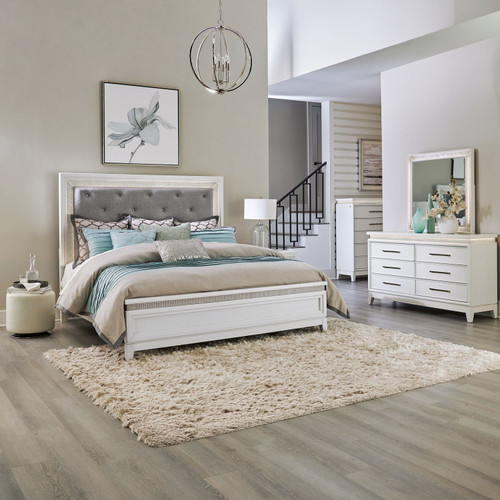 Reflections - 4 Piece Bedroom Set (King Upholstered Bed, Dresser & Mirror, Chest) - White