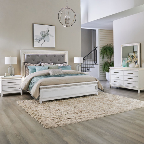 Reflections - 4 Piece Bedroom Set (King Upholstered Bed, Dresser & Mirror, Night Stand) - White