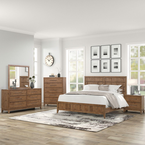 Shaker Lakes - 5 Piece Bedroom Set (King Panel Bed, Dresser & Mirror, Chest, Night Stand) - Brown
