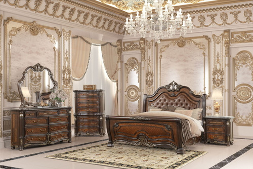 Bella Notte - Queen 5 Piece Bedroom Set (Padded Sleigh Bed, Dresser, Mirror, Chest, Nightstand) - Cherry