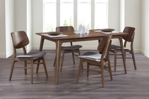Oscar - 60" Dining Walnut Table With 4 Gray Cushion Chairs - Brown