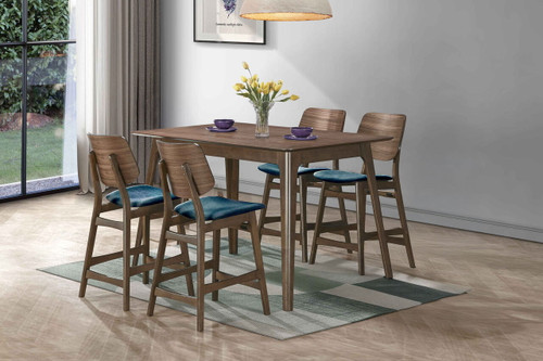 Oscar - Counter Wood Table - Walnut With 4 Teal Cushion Chairs - Brown / Blue