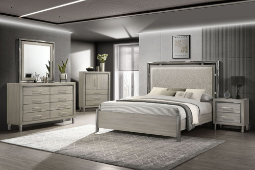 Lennox - 6/6 King 5 Piece Bedroom Set (Bed, Dresser, Mirror, Chest, Nightstand) - Gray / Silver