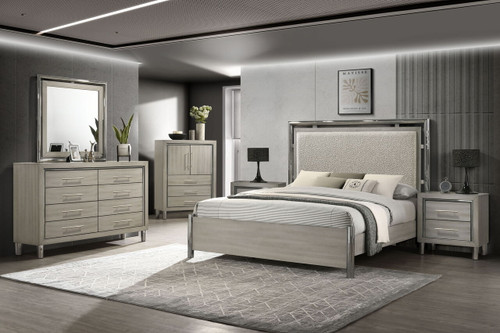 Lennox - 5/0 Queen 6 Piece Bedroom Set (Bed, Dresser, Mirror, Chest, 2 Nightstands) - Gray / Silver