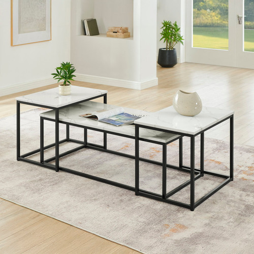 Vetra - Faux Marble 3 Piece Occasional Set - (Coffee & 2 End Tables) - Black / White