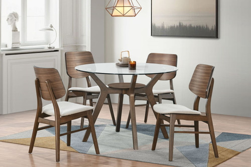 Oscar - Round Glass Dining Table With 4 Cushion Chairs - Brown / Natural