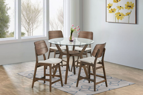 Oscar - Round Glass Counter Table With 4 Cushion Chairs - Brown / Natural