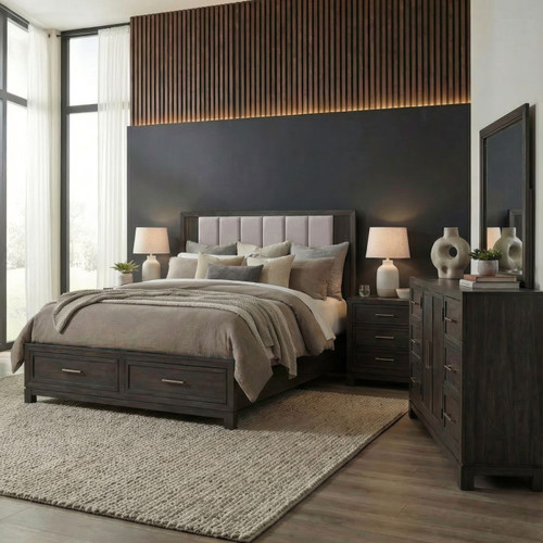 Modern Edge - 4 Piece Bedroom Set (King Storage Bed, Dresser & Mirror, Night Stand) - Brown