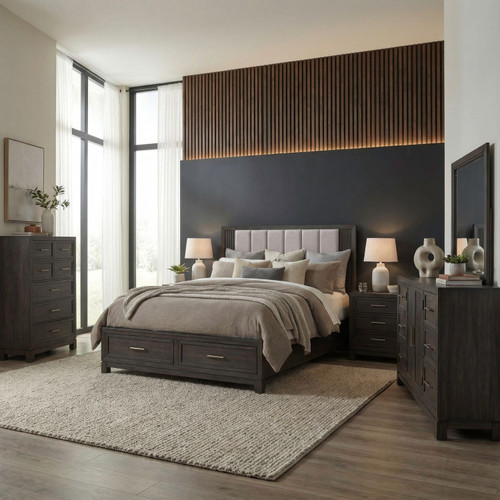 Modern Edge - 5 Piece Bedroom Set (Queen Storage Bed, Dresser & Mirror, Chest, Night Stand) - Brown